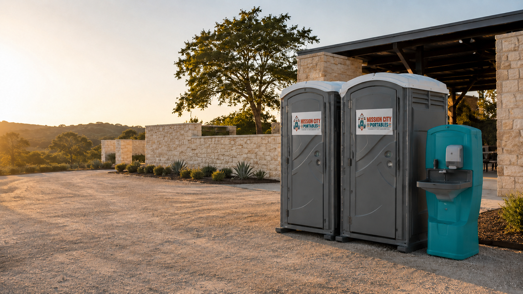 Mission City Portables restrooms and a hand-washing station in the San Antonio area